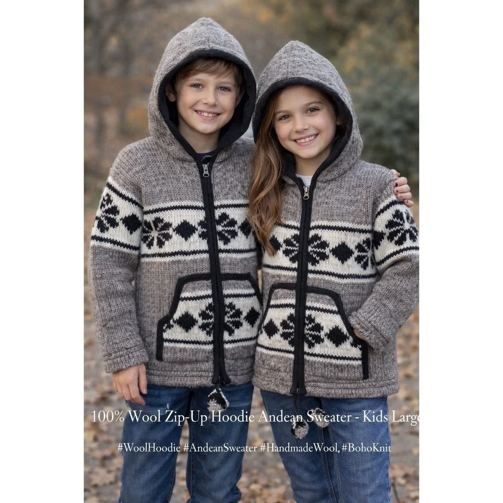 Handmade 100%‎ Wool Zip Up Hoodie Andean Sweater Gray Nepal Size L